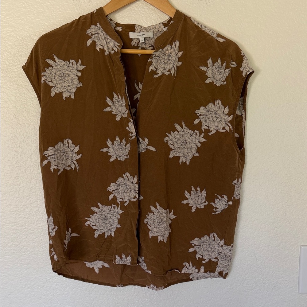Vince silk Brown Floral Cap-Sleeve Blouse medium - Picture 3 of 5
